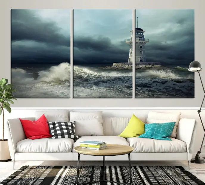 The Storm and Lighthouse Wall Art Canvas Print, crafted with museum-quality canvas and a UV-protective coating, is displayed prominently.