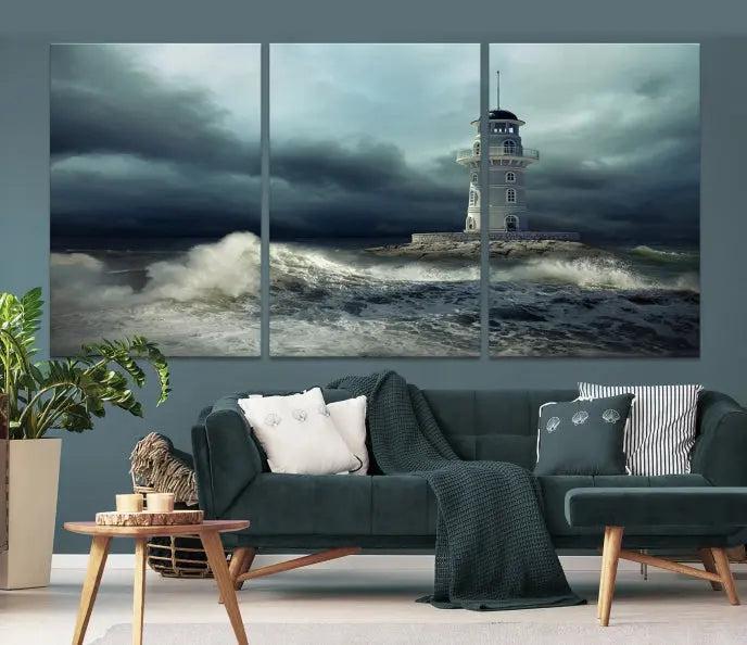 The Storm and Lighthouse Wall Art Canvas Print, crafted with museum-quality canvas and a UV-protective coating, is displayed prominently.