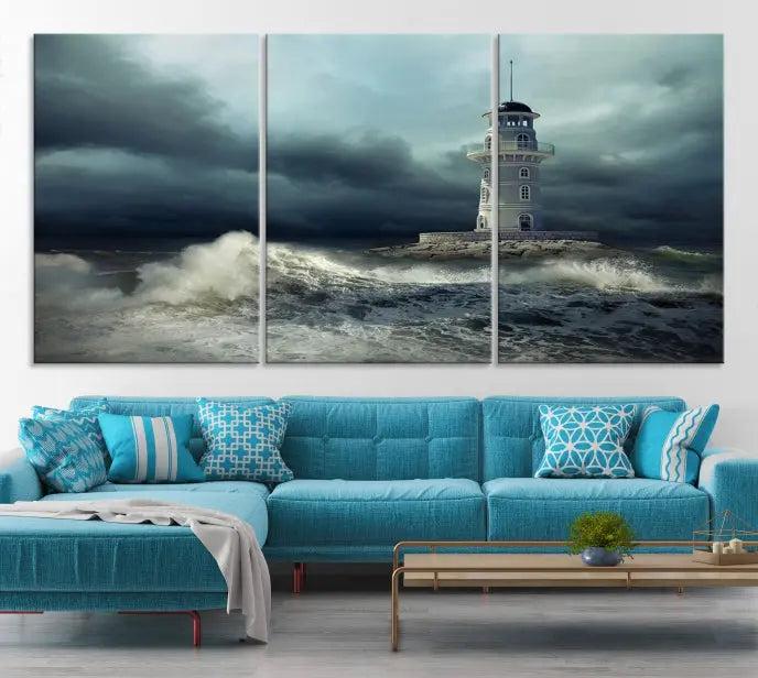 The Storm and Lighthouse Wall Art Canvas Print, crafted with museum-quality canvas and a UV-protective coating, is displayed prominently.