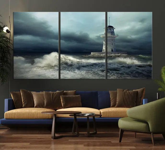 The Storm and Lighthouse Wall Art Canvas Print, crafted with museum-quality canvas and a UV-protective coating, is displayed prominently.