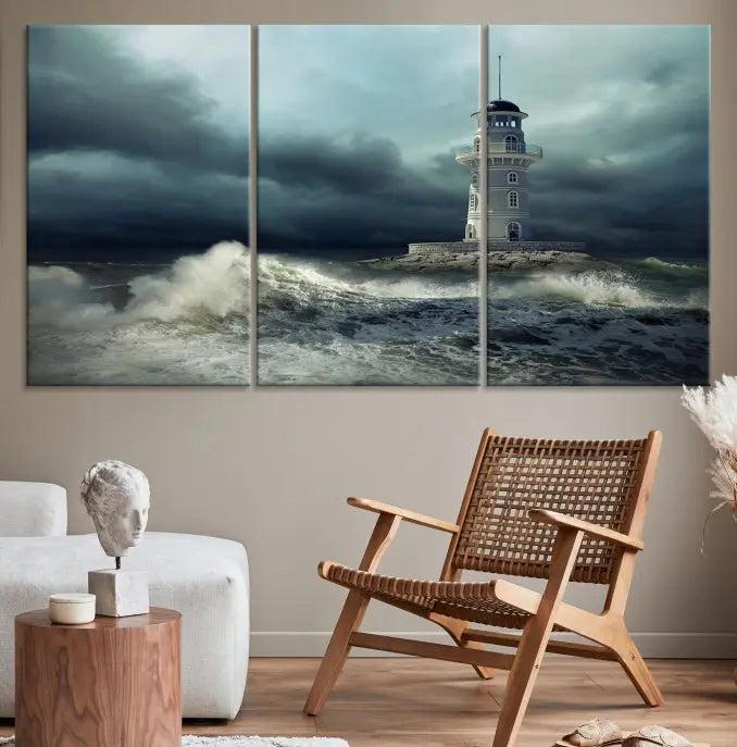 The Storm and Lighthouse Wall Art Canvas Print, crafted with museum-quality canvas and a UV-protective coating, is displayed prominently.