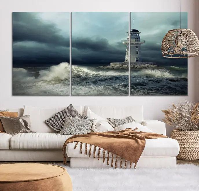 The Storm and Lighthouse Wall Art Canvas Print, crafted with museum-quality canvas and a UV-protective coating, is displayed prominently.