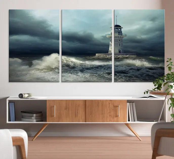 The Storm and Lighthouse Wall Art Canvas Print, crafted with museum-quality canvas and a UV-protective coating, is displayed prominently.