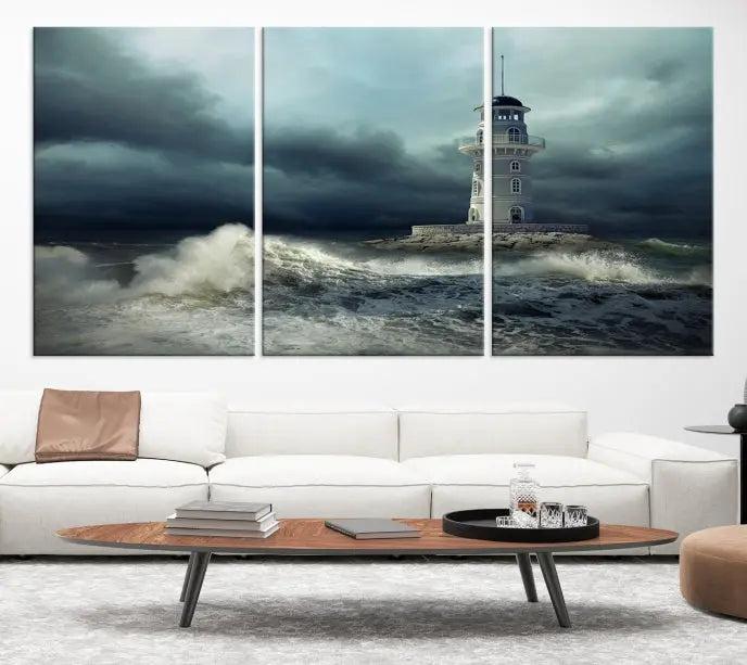 The Storm and Lighthouse Wall Art Canvas Print, crafted with museum-quality canvas and a UV-protective coating, is displayed prominently.