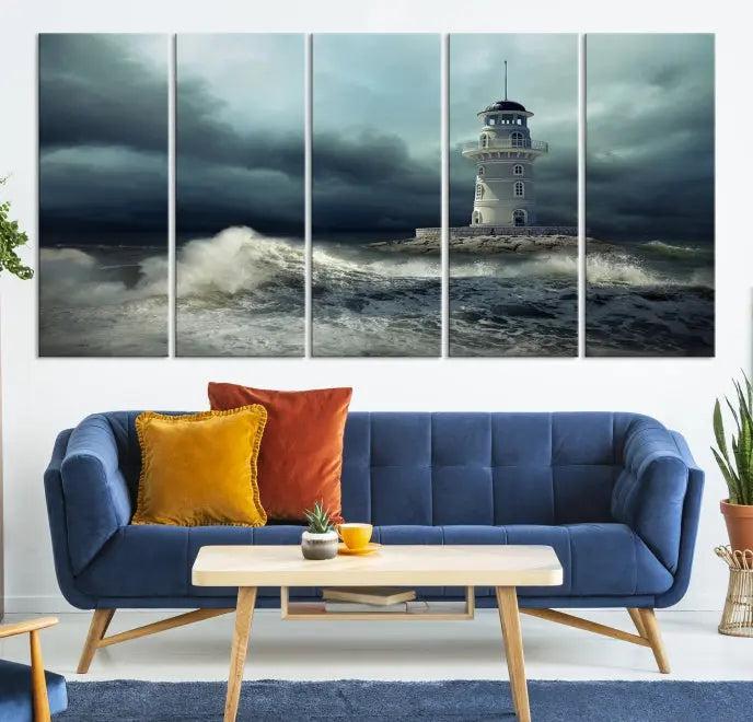 The Storm and Lighthouse Wall Art Canvas Print, crafted with museum-quality canvas and a UV-protective coating, is displayed prominently.