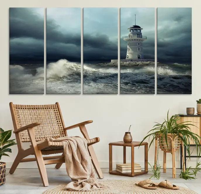 The Storm and Lighthouse Wall Art Canvas Print, crafted with museum-quality canvas and a UV-protective coating, is displayed prominently.