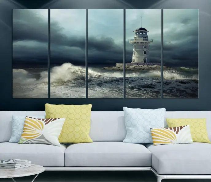 The Storm and Lighthouse Wall Art Canvas Print, crafted with museum-quality canvas and a UV-protective coating, is displayed prominently.