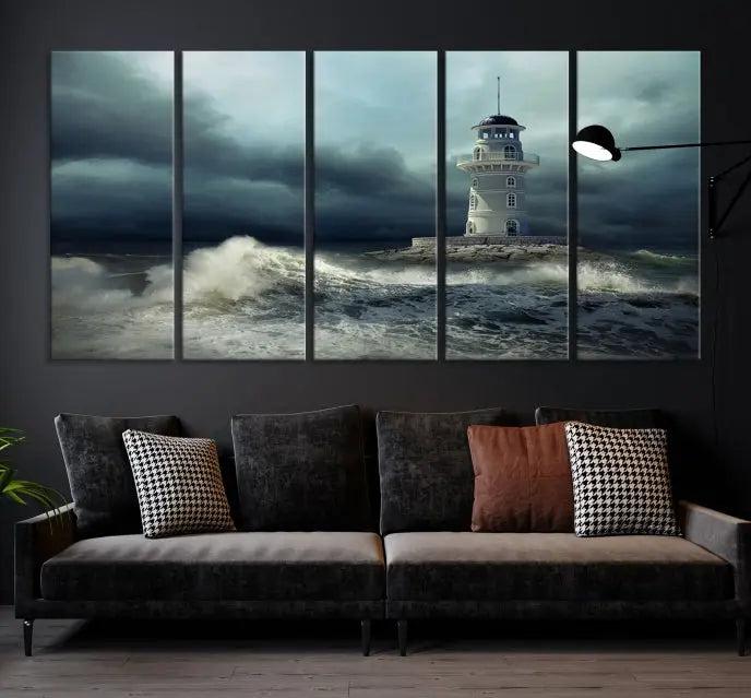 The Storm and Lighthouse Wall Art Canvas Print, crafted with museum-quality canvas and a UV-protective coating, is displayed prominently.