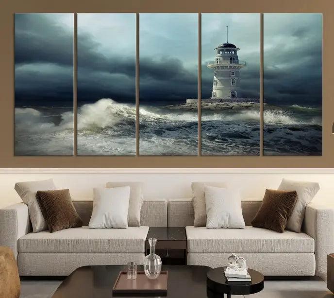 The Storm and Lighthouse Wall Art Canvas Print, crafted with museum-quality canvas and a UV-protective coating, is displayed prominently.