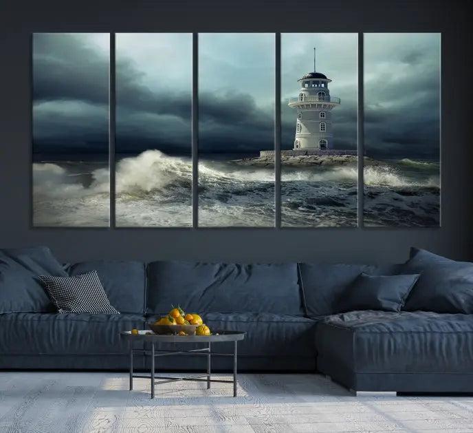 The Storm and Lighthouse Wall Art Canvas Print, crafted with museum-quality canvas and a UV-protective coating, is displayed prominently.