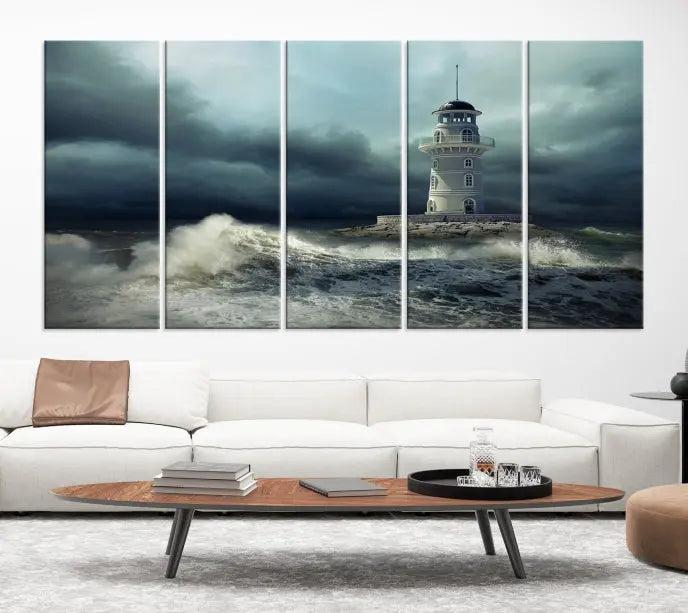 The Storm and Lighthouse Wall Art Canvas Print, crafted with museum-quality canvas and a UV-protective coating, is displayed prominently.