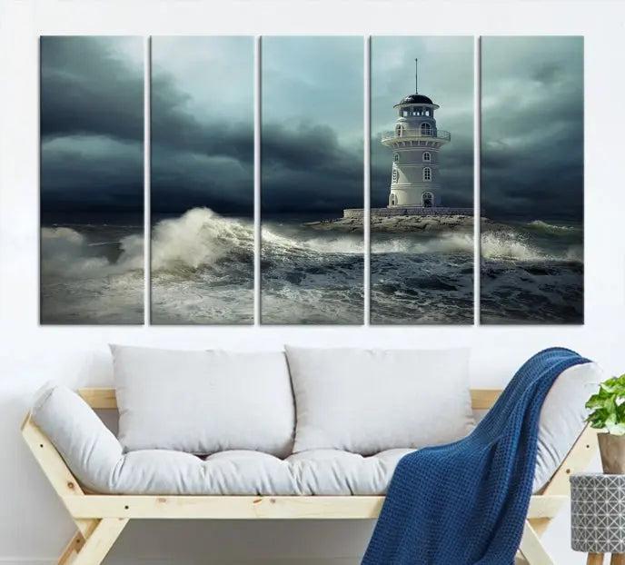 The Storm and Lighthouse Wall Art Canvas Print, crafted with museum-quality canvas and a UV-protective coating, is displayed prominently.