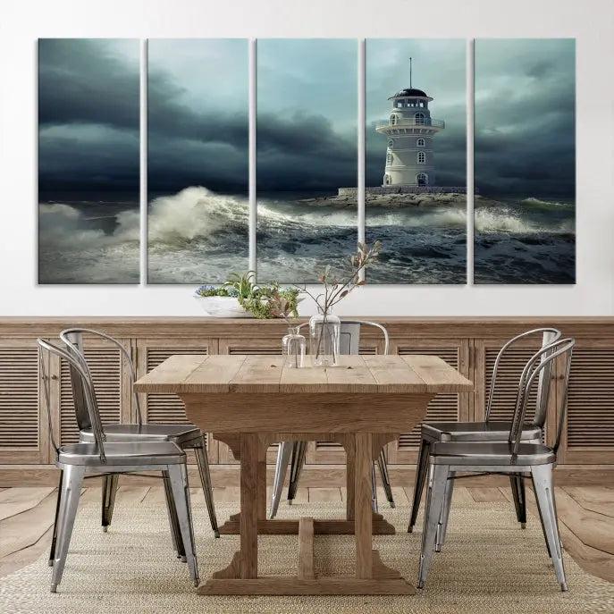 The Storm and Lighthouse Wall Art Canvas Print, crafted with museum-quality canvas and a UV-protective coating, is displayed prominently.