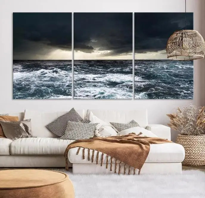 The Storm on the Ocean Wall Art Canvas Print, presented in a triptych format, offers both elegance and durability.