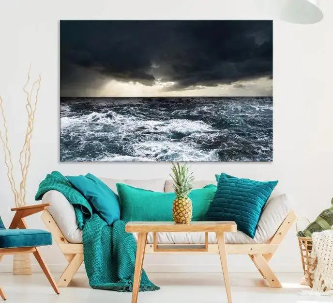 The Storm on the Ocean Wall Art Canvas Print, presented in a triptych format, offers both elegance and durability.