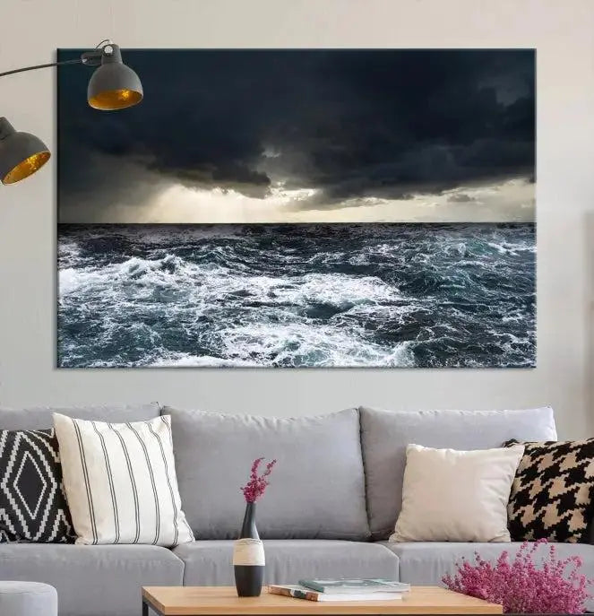 The Storm on the Ocean Wall Art Canvas Print, presented in a triptych format, offers both elegance and durability.