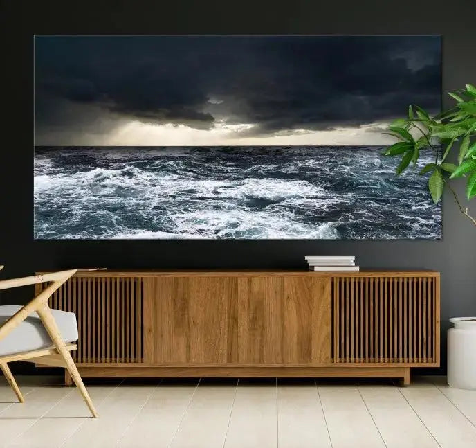 The Storm on the Ocean Wall Art Canvas Print, presented in a triptych format, offers both elegance and durability.