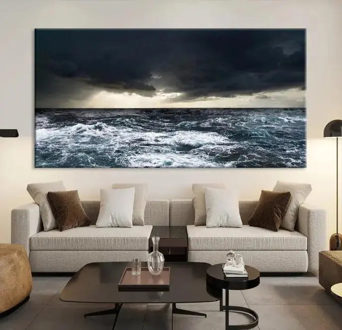 The Storm on the Ocean Wall Art Canvas Print, presented in a triptych format, offers both elegance and durability.