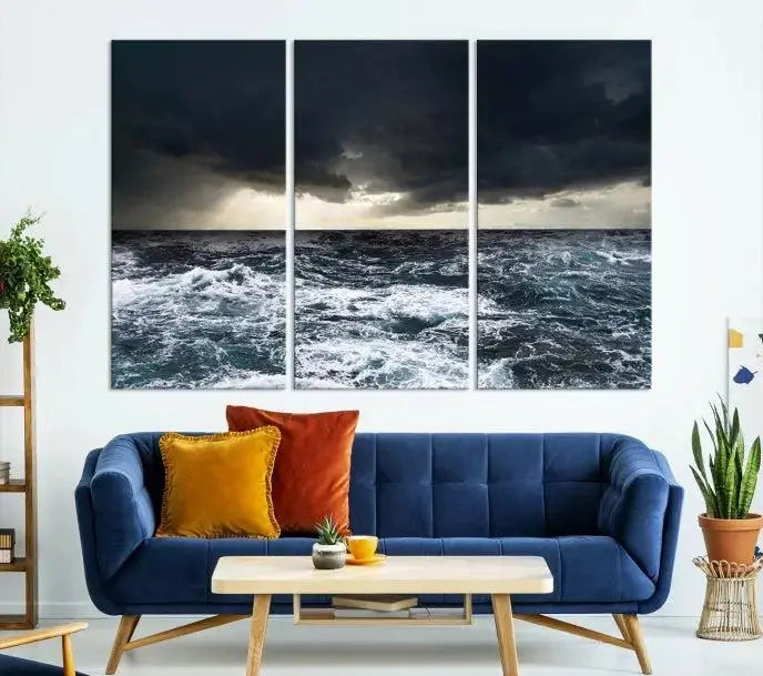 The Storm on the Ocean Wall Art Canvas Print, presented in a triptych format, offers both elegance and durability.