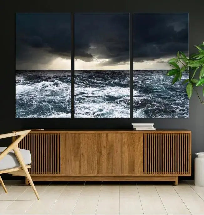 The Storm on the Ocean Wall Art Canvas Print, presented in a triptych format, offers both elegance and durability.