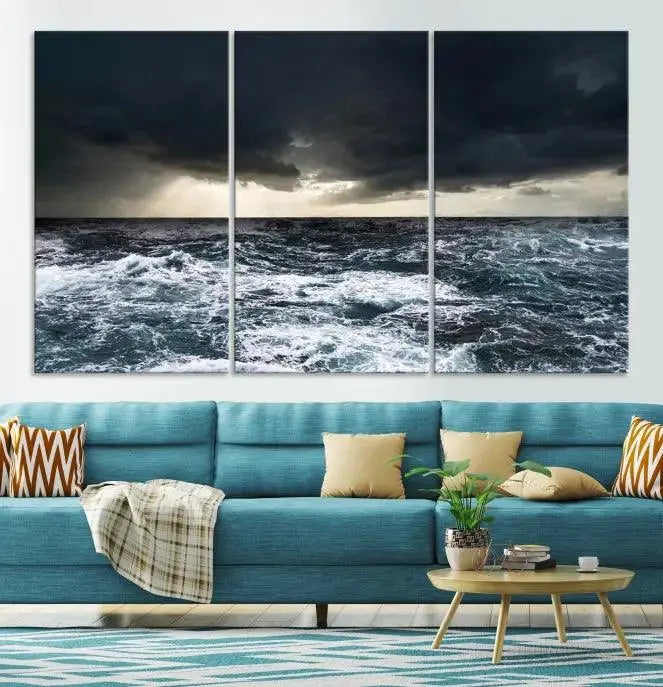 The Storm on the Ocean Wall Art Canvas Print, presented in a triptych format, offers both elegance and durability.