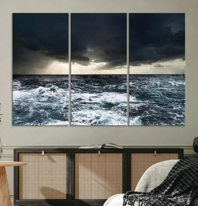 The Storm on the Ocean Wall Art Canvas Print, presented in a triptych format, offers both elegance and durability.