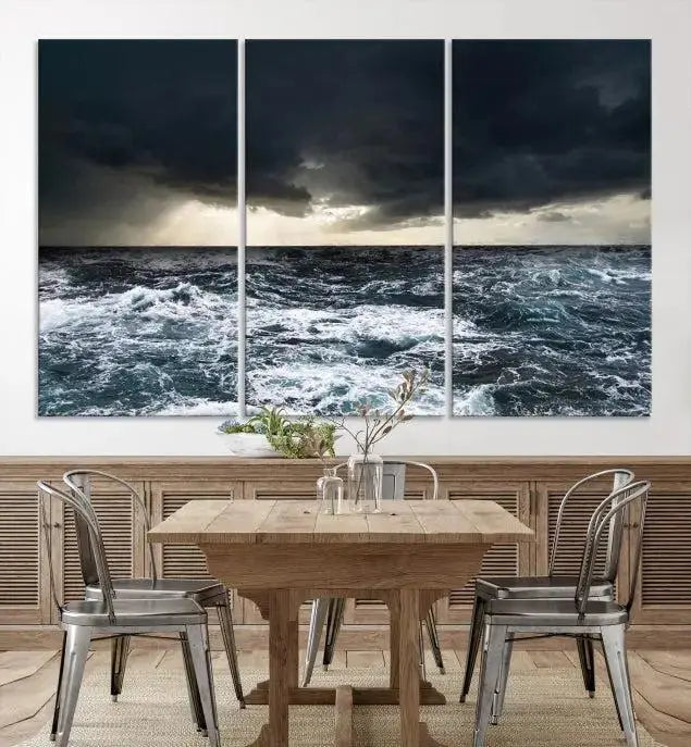 The Storm on the Ocean Wall Art Canvas Print, presented in a triptych format, offers both elegance and durability.