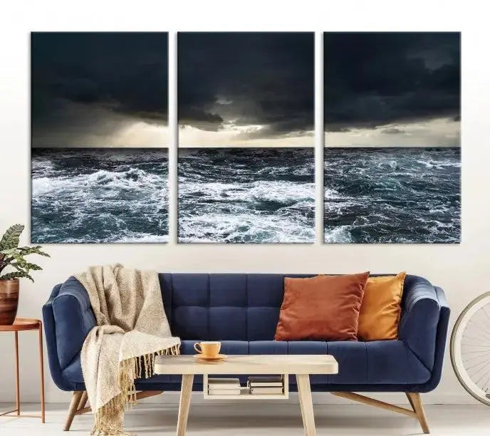 The Storm on the Ocean Wall Art Canvas Print, presented in a triptych format, offers both elegance and durability.