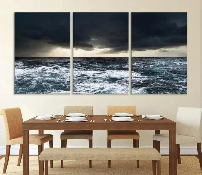 The Storm on the Ocean Wall Art Canvas Print, presented in a triptych format, offers both elegance and durability.