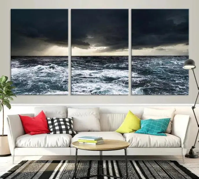 The Storm on the Ocean Wall Art Canvas Print, presented in a triptych format, offers both elegance and durability.