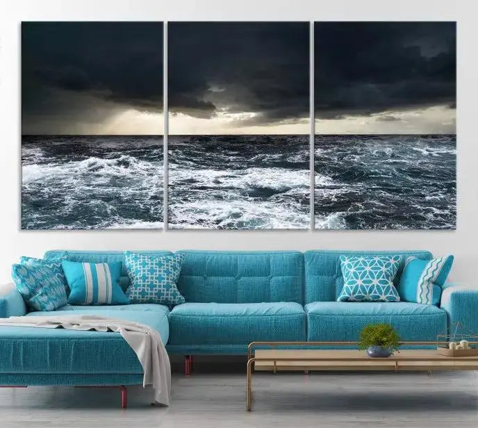 The Storm on the Ocean Wall Art Canvas Print, presented in a triptych format, offers both elegance and durability.