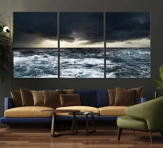 The Storm on the Ocean Wall Art Canvas Print, presented in a triptych format, offers both elegance and durability.