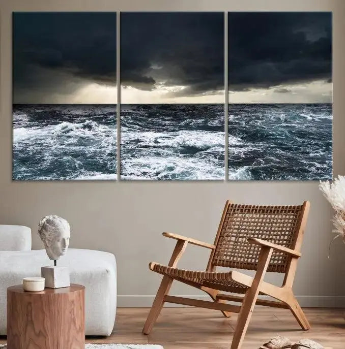 The Storm on the Ocean Wall Art Canvas Print, presented in a triptych format, offers both elegance and durability.