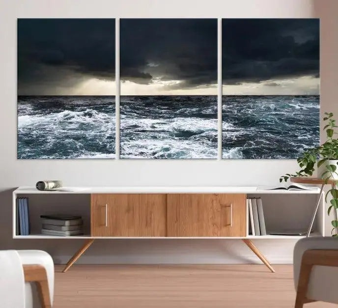 The Storm on the Ocean Wall Art Canvas Print, presented in a triptych format, offers both elegance and durability.