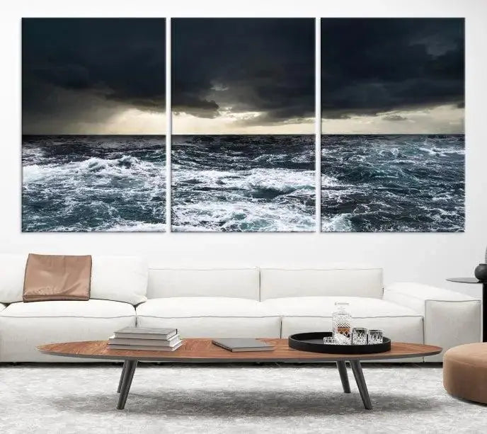 The Storm on the Ocean Wall Art Canvas Print, presented in a triptych format, offers both elegance and durability.