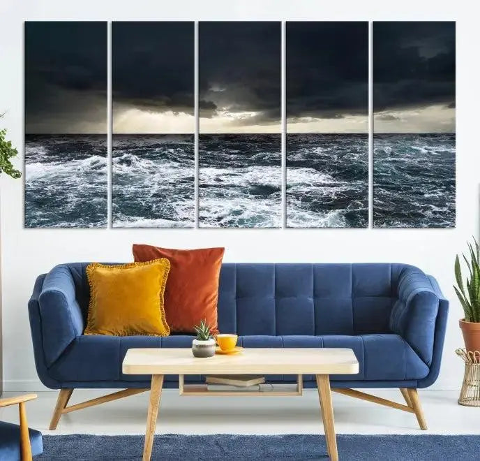 The Storm on the Ocean Wall Art Canvas Print, presented in a triptych format, offers both elegance and durability.