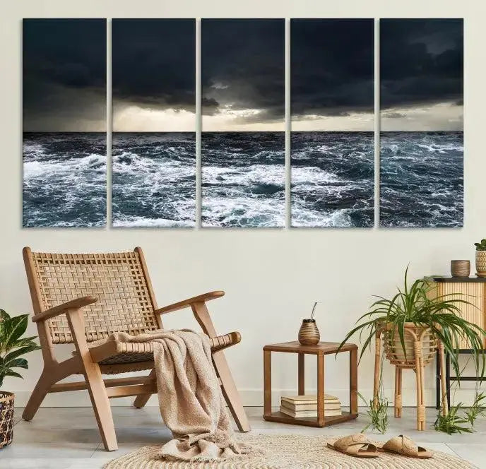 The Storm on the Ocean Wall Art Canvas Print, presented in a triptych format, offers both elegance and durability.