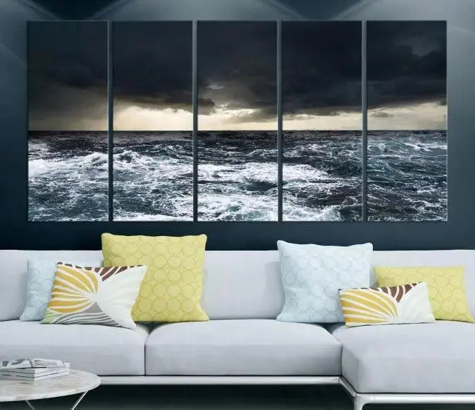 The Storm on the Ocean Wall Art Canvas Print, presented in a triptych format, offers both elegance and durability.