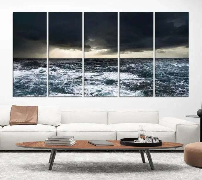 The Storm on the Ocean Wall Art Canvas Print, presented in a triptych format, offers both elegance and durability.