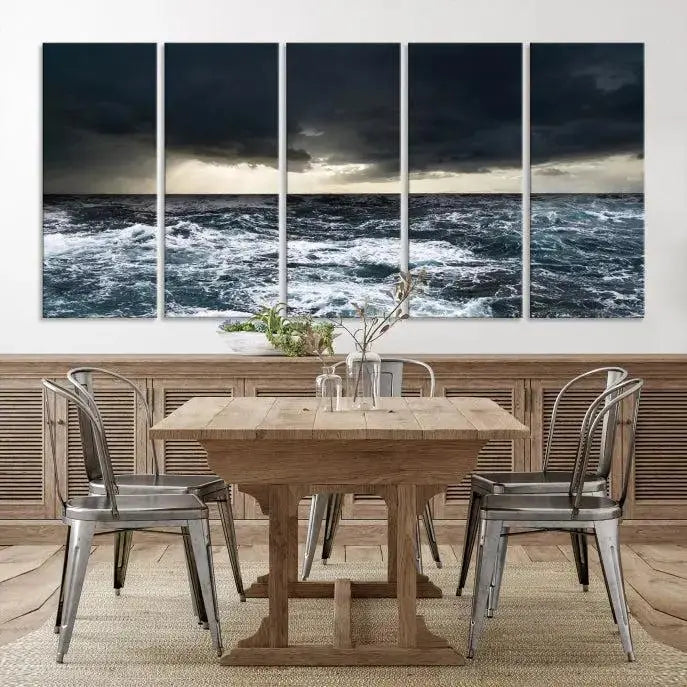 The Storm on the Ocean Wall Art Canvas Print, presented in a triptych format, offers both elegance and durability.