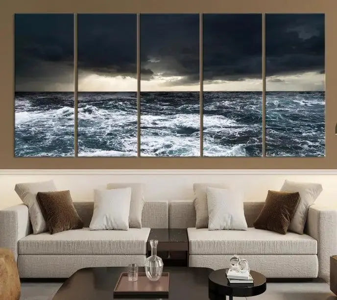 The Storm on the Ocean Wall Art Canvas Print, presented in a triptych format, offers both elegance and durability.