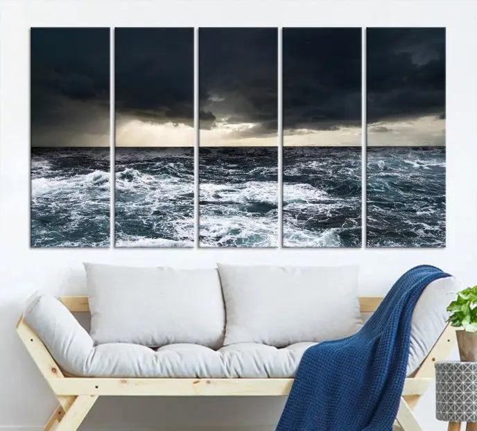 The Storm on the Ocean Wall Art Canvas Print, presented in a triptych format, offers both elegance and durability.