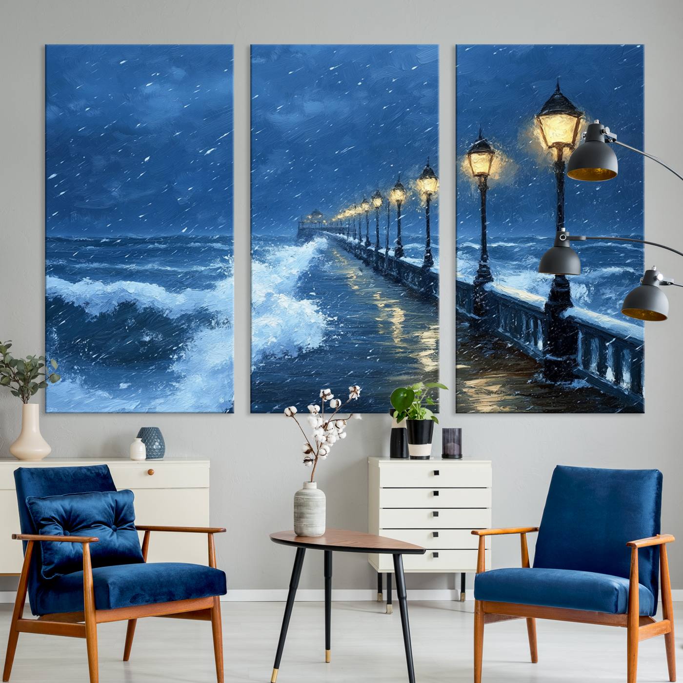 32668-MGV-CV-36X24-Stormy Ocean Pier Lights Canvas Wall Art Print - Large Moody Night Scene for Living Room, or Office, Seaside Wall Decor