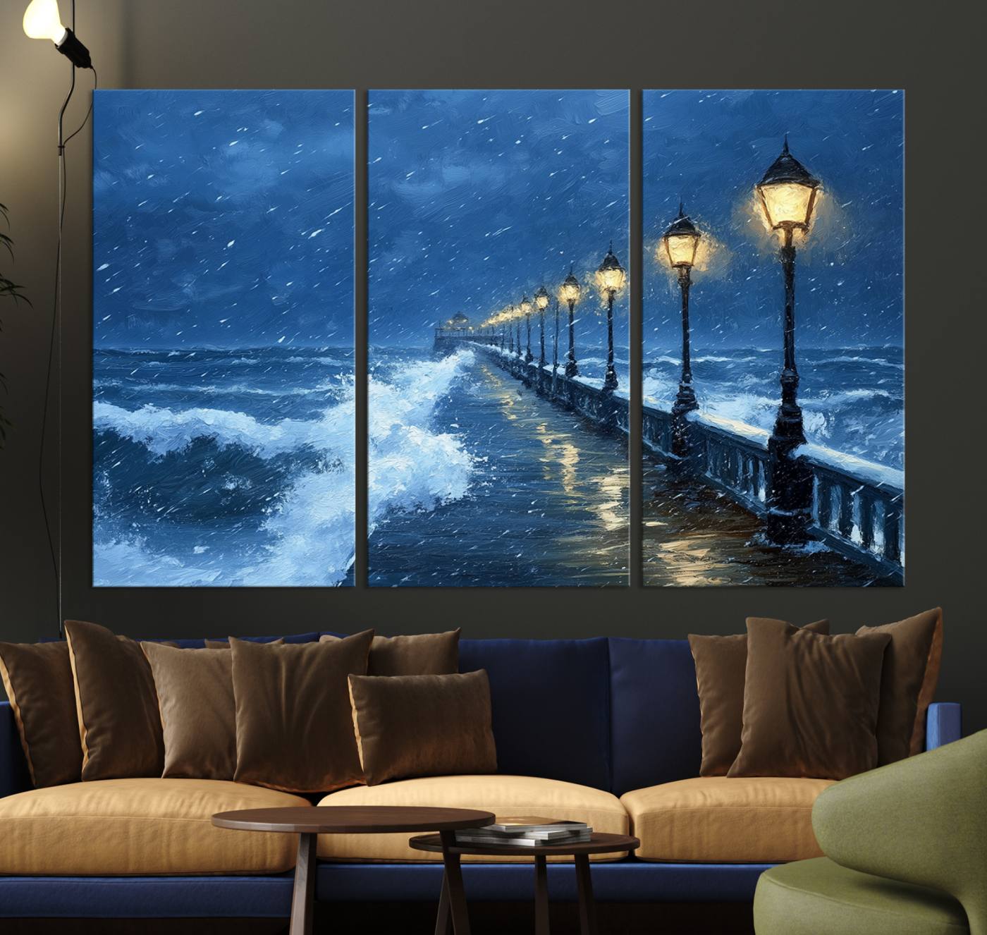 32668-MGV-CV-36X24-Stormy Ocean Pier Lights Canvas Wall Art Print - Large Moody Night Scene for Living Room, or Office, Seaside Wall Decor