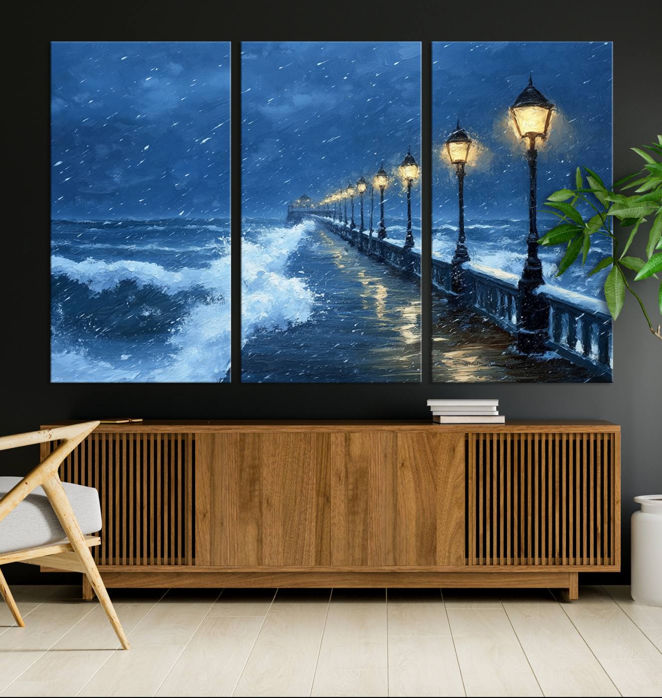 32668-MGV-CV-36X24-Stormy Ocean Pier Lights Canvas Wall Art Print - Large Moody Night Scene for Living Room, or Office, Seaside Wall Decor