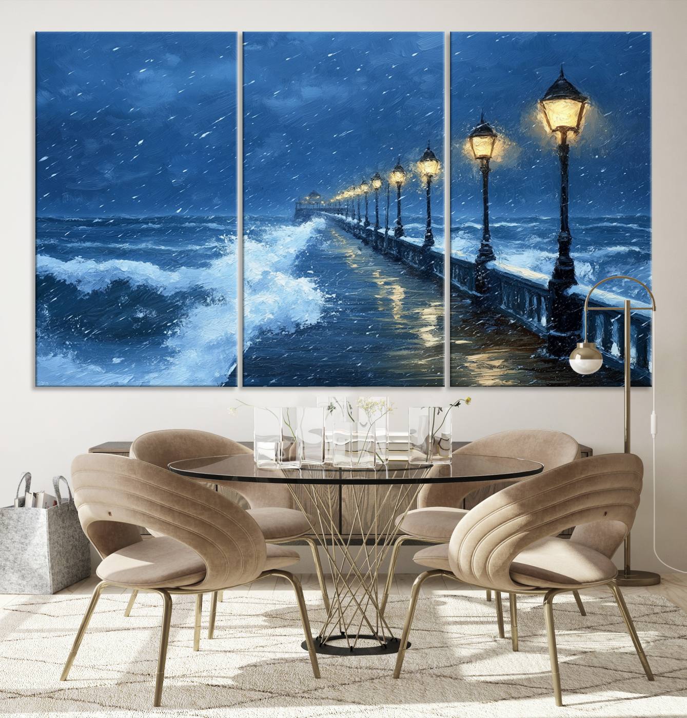 32668-MGV-CV-36X24-Stormy Ocean Pier Lights Canvas Wall Art Print - Large Moody Night Scene for Living Room, or Office, Seaside Wall Decor