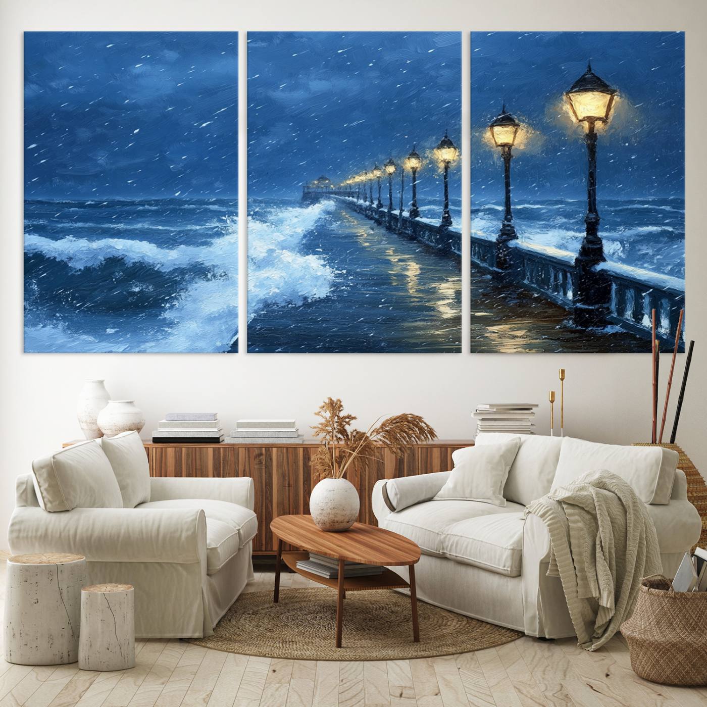 32668-MGV-CV-36X24-Stormy Ocean Pier Lights Canvas Wall Art Print - Large Moody Night Scene for Living Room, or Office, Seaside Wall Decor