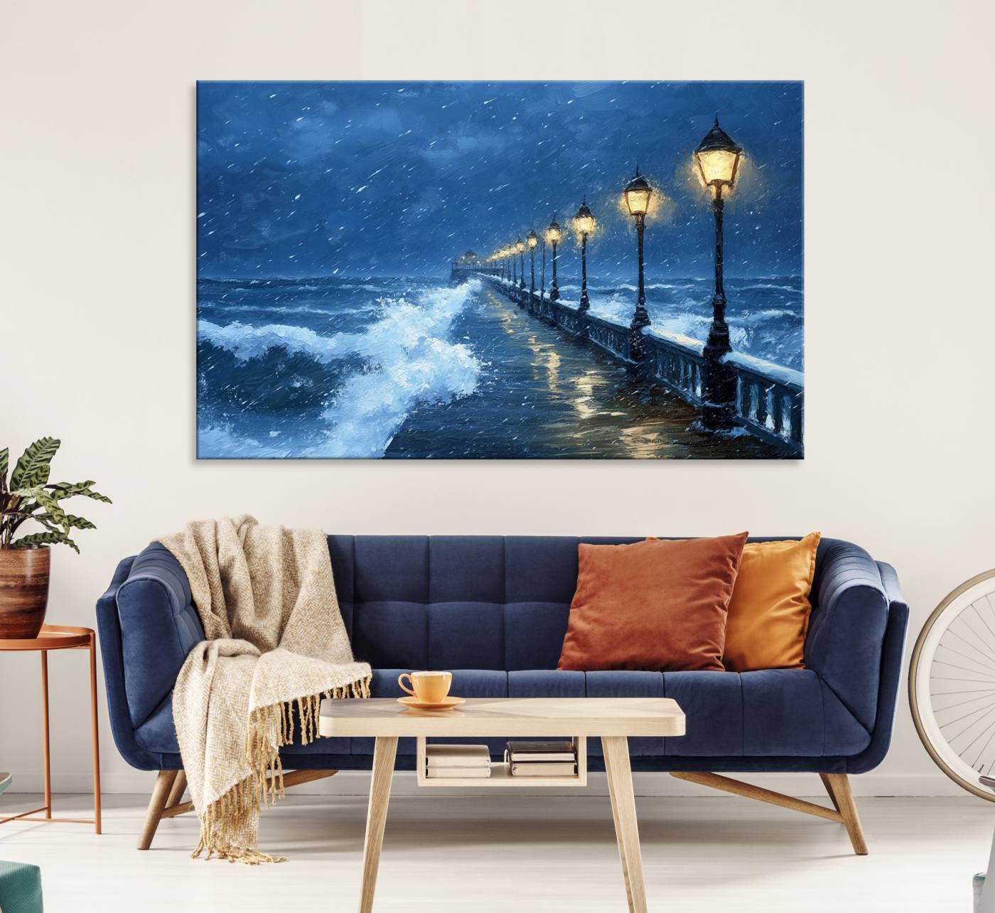 32668-MGV-CV-36X24-Stormy Ocean Pier Lights Canvas Wall Art Print - Large Moody Night Scene for Living Room, or Office, Seaside Wall Decor