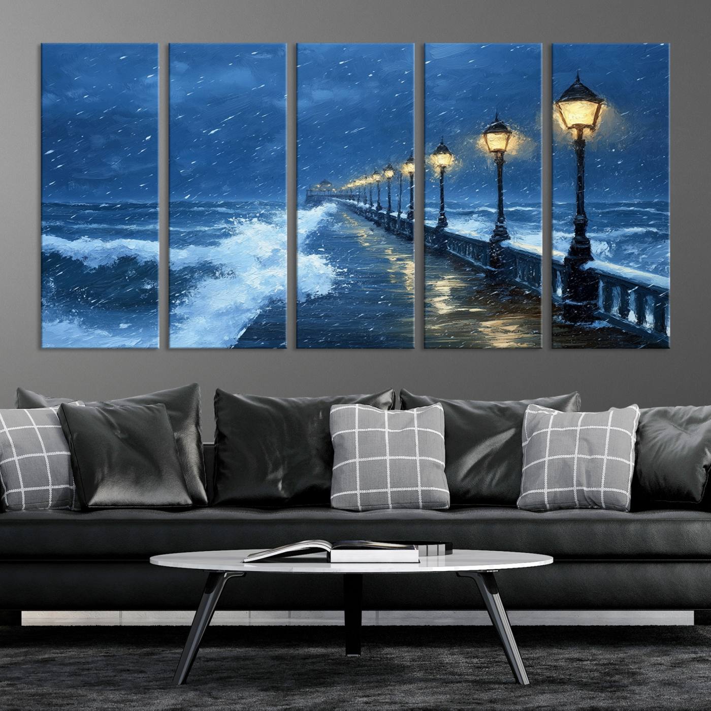 32668-MGV-CV-36X24-Stormy Ocean Pier Lights Canvas Wall Art Print - Large Moody Night Scene for Living Room, or Office, Seaside Wall Decor