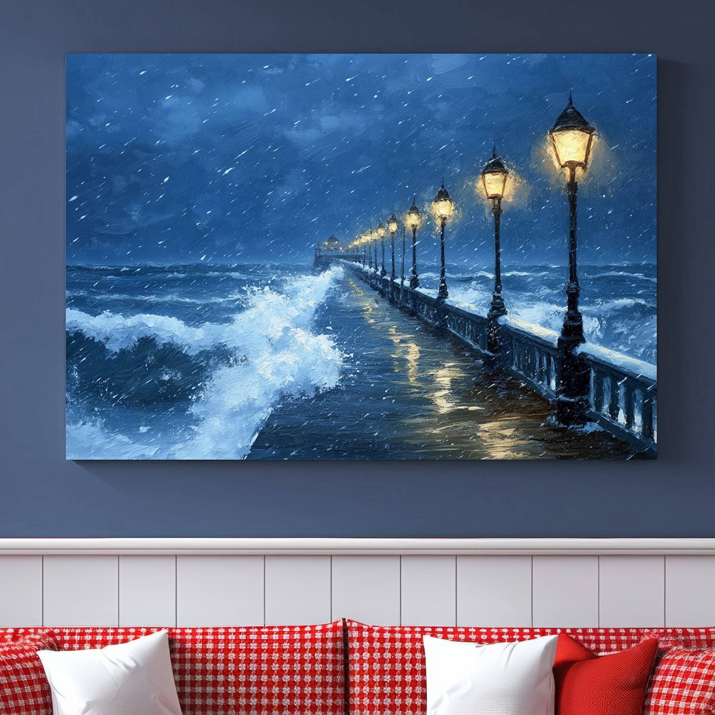 32668-MGV-CV-36X24-Stormy Ocean Pier Lights Canvas Wall Art Print - Large Moody Night Scene for Living Room, or Office, Seaside Wall Decor